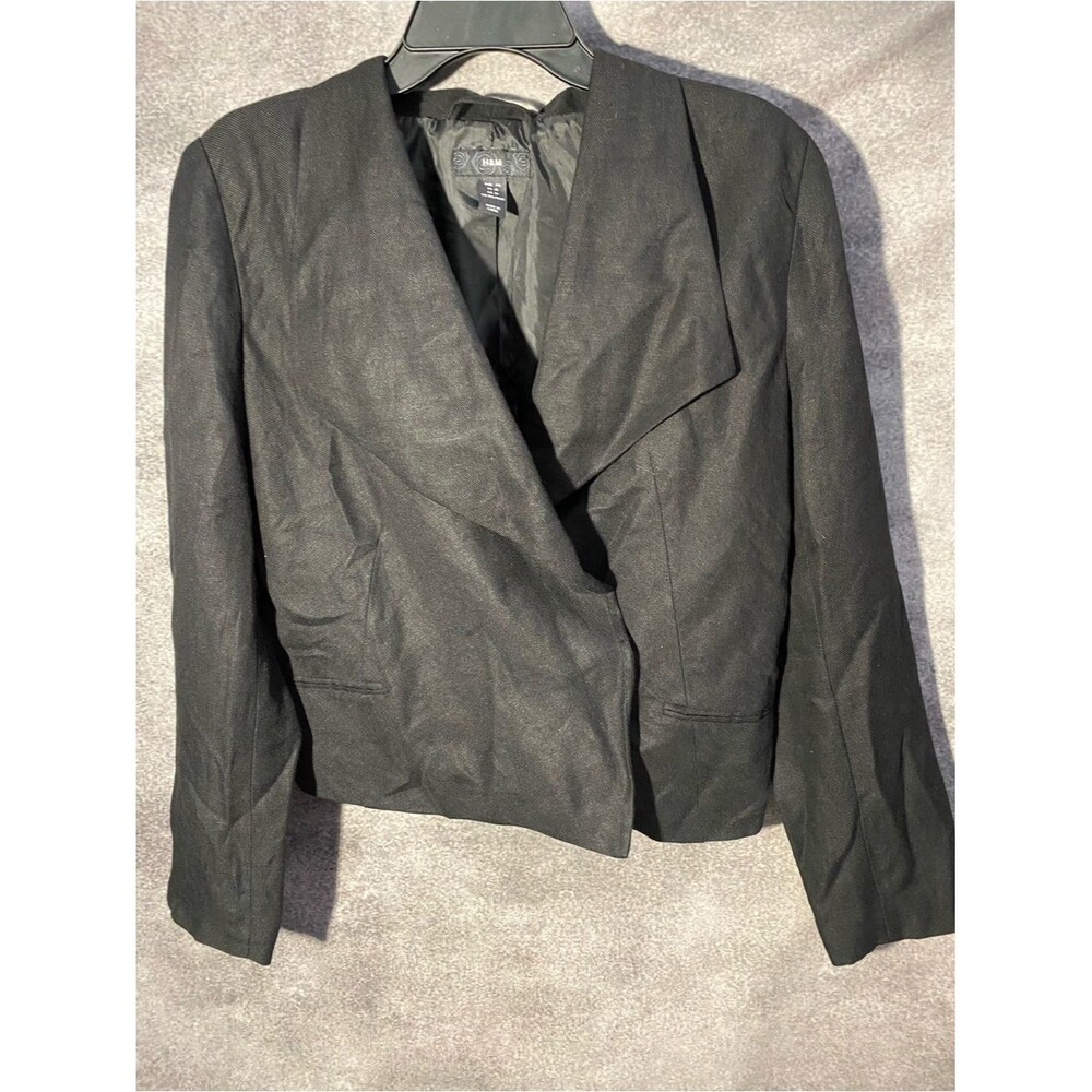 H&M Black Draped Asymmetric Blazer Jacket Women's US Size 10 Open Front Cropped